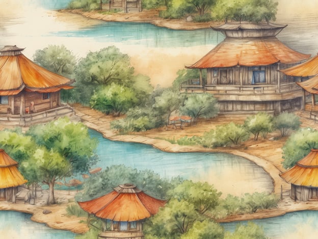 Das Bild zeigt eine malerische Landschaft mit Wasserläufen und mehreren traditionellen Häusern, die durch Bäume und grüne Vegetation umgeben sind. Die Architektur der Gebäude mit den rot-orangefarbenen Dächern erinnert an fernöstliche Einflüsse.In Bezug auf die Geschichte von Bad Hofgastein kann man sagen, dass die Region seit Jahrhunderten für ihre heilenden Thermalquellen bekannt ist. Der Ort war ein beliebtes Ziel für aristokratische Gäste und erfreut sich auch heute noch großer Beliebtheit bei Erholungssuchenden und Touristen. Die dargestellten Häuser könnten metaphorisch für die Vielfalt der Unterkunftsmöglichkeiten stehen, die Bad Hofgastein bietet, während die Wasserläufe die heilenden Eigenschaften der Thermalquellen symbolisieren.