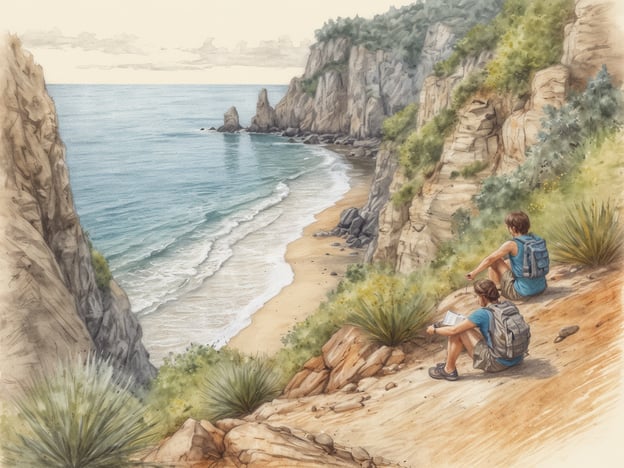 Auf dem Bild sind zwei Personen zu sehen, die in einer wunderschönen Küstenlandschaft sitzen. Sie genießen die Aussicht auf das Meer und den Strand. Aktivitäten und Freizeitmöglichkeiten, die in dieser Umgebung möglich sind, könnten sein:- Wandern entlang der Küste und der felsigen Pfade.- Entspannen und Picknicken mit einer schönen Aussicht.- Schwimmen oder Wassersport am Strand.- Fotografieren der malerischen Landschaft.- Lesen eines Buches in der Natur.Diese Szene lädt dazu ein, die Natur zu erkunden und die frische Luft zu genießen.