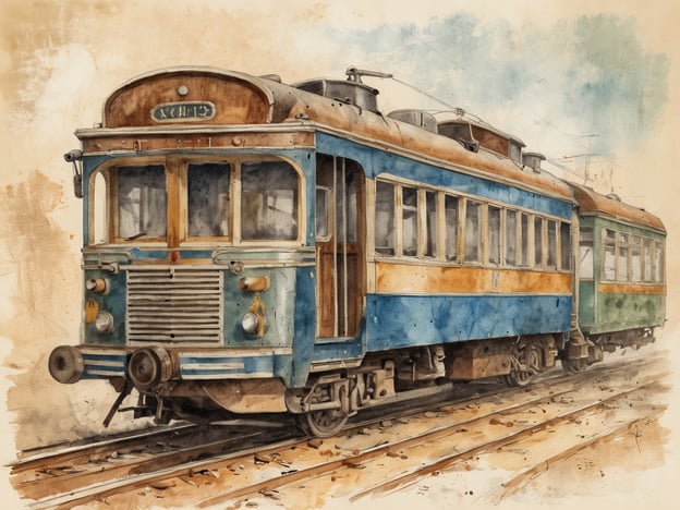 Das Bild zeigt eine watercolor Darstellung eines alten Schienenfahrzeugs, das wahrscheinlich aus der Zeit der frühen Motorisierung stammt. Historisch gesehen spielen solche Triebwagen eine wichtige Rolle in der Entwicklung des öffentlichen Verkehrs.In vielen Ländern wurden diese Fahrzeuge während des 20. Jahrhunderts populär, da sie eine effiziente Möglichkeit boten, Menschen und Güter über mittlere Distanzen zu transportieren. Die Gestaltung und Farben deuten auf traditionelle Bauweisen hin, die oft in ländlichen Gebieten zu finden waren, wo diese Art von Transportmittel eine Verbindung zwischen Städten und Dörfern herstellte.Solche Bahnen sind nicht nur technische Artefakte, sondern auch Teil der kulturellen Geschichte, die lokale Gemeinschaften miteinander verknüpft. Sie beförderten nicht nur Reisende, sondern auch Ideen und Kulturen, was zu einem Austausch führte, der für viele Regionen prägend war.