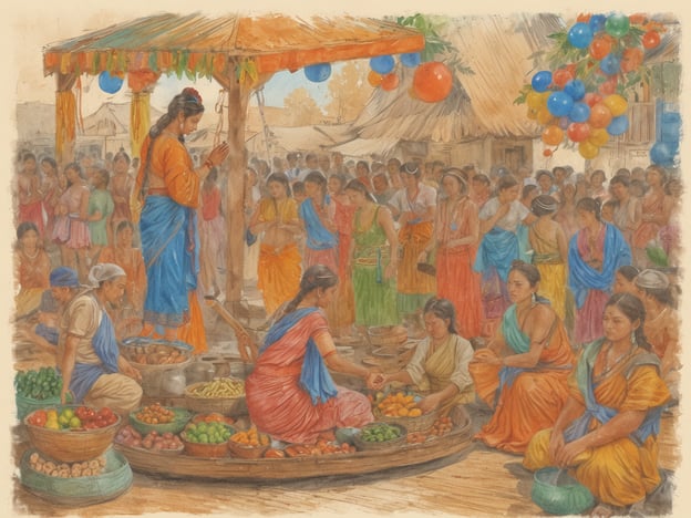 Auf dem Bild ist eine lebhafte Marktszene zu sehen, die wahrscheinlich während eines traditionellen Festes oder einer Feierlichkeit stattfindet. Frauen in bunten Saris interagieren miteinander, während sie Obst und Gemüse verkaufen oder kaufen. Solche Märkte sind oft ein zentrales Element bei traditionellen Festen, wo lokale Produkte und Handwerk präsentiert werden.Die Anwesenheit von vielen Menschen und die festliche Dekoration, wie beispielsweise die bunten Bälle und Stoffe, deuten darauf hin, dass es sich um ein freudiges Ereignis handelt, bei dem Gemeinschaft und Tradition gefeiert werden. Solche Feste haben oft kulturelle Bedeutung und sind meist mit Ritualen, Musik und Tanz verbunden. In vielen Kulturen ist es üblich, dass Märkte während solcher Anlässe stattfinden, um die Bindungen innerhalb der Gemeinschaft zu stärken und lokale Traditionen zu pflegen.