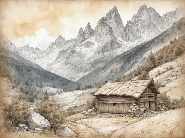 Auf dem Bild ist eine einsame Hütte in einer malerischen Berglandschaft zu sehen, umgeben von majestätischen Bergen und einer ruhigen, weiten Ebene. Diese Szenerie könnte an die Geschichte von Mariazell erinnern, die für ihre beeindruckenden Berge und die spirituelle Atmosphäre bekannt ist.Mariazell ist ein bedeutsamer Wallfahrtsort in Österreich, umgeben von der natürlichen Schönheit der Alpen. Die Region zieht nicht nur Gläubige an, sondern auch Naturliebhaber, die die idyllische Landschaft und die friedliche Abgeschiedenheit genießen möchten. So könnte das Bild die Ruhe und den Charme widerspiegeln, die viele Besucher nach Mariazell führen, wo Glaube und Natur harmonisch miteinander verbunden sind.
