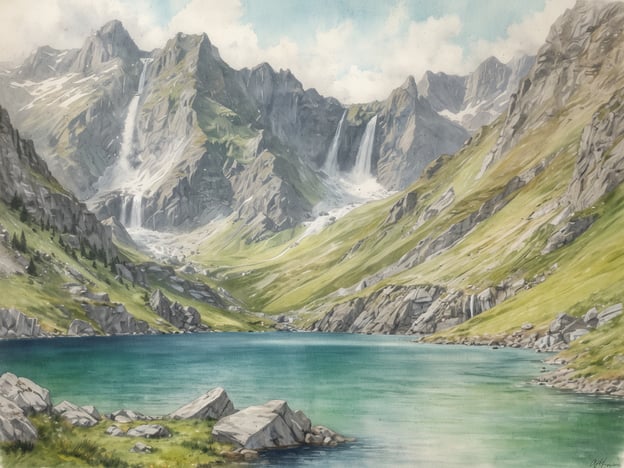 Eine beeindruckende Berglandschaft mit hohen, felsigen Gipfeln und mehreren Wasserfällen, die in ein glitzerndes türkisfarbenes Bergsee fließen. Umgeben von üppigem, grünem Gras und zerklüfteten Felsen, strahlt die Szenerie Ruhe und natürliche Schönheit aus. Das klare, blaue Wasser des Sees reflektiert die umliegenden Berge, während einige kleine Steine am Ufer liegen. Über dem Szenario schweben einige leichte Wolken, die den strahlenden Himmel ergänzen. Ein perfekter Ort für Naturliebhaber und Erholungssuchende.