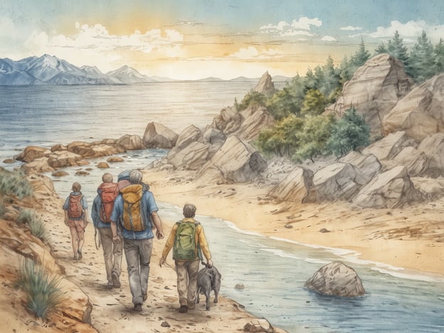Auf dem Bild sind fünf Wanderer zu sehen, die entlang eines malerischen Küstenwegs spazieren. Die Gruppe besteht aus Erwachsenen und einem Kind, das auf dem Rücken eines Erwachsenen getragen wird. Sie scheinen die Natur zu genießen, während sie einer sandy Uferlinie folgen, die von Steinen und Wald gesäumt ist.Im Hintergrund ist das Meer zu sehen, das sanft an den Strand brandet, sowie Berge, die die Landschaft rahmen. Die Umgebung lädt zu Aktivitäten wie Wandern, Beobachten der Tierwelt oder einfach zum Entspannen am Wasser ein. Die Stimmung wirkt friedlich und harmonisch, ideal für einen Ausflug in die Natur.
