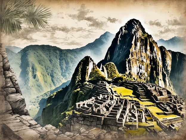 Eine beeindruckende Aussicht auf die Ruinen von Machu Picchu, umgeben von majestätischen Bergen und einer üppigen grünen Landschaft. Der Himmel ist teilweise bewölkt, wodurch die geheimnisvolle Atmosphäre der Inka-Stadt verstärkt wird. Die alten Steingebäude und Terrassen sind deutlich sichtbar, was die archäologische Bedeutung dieser Stätte hervorhebt. Ein palmengesäumter Rand im Vordergrund ergänzt die tropische Szenerie und vermittelt das Gefühl von Abenteuer und Entdeckung.