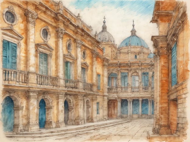 Auf dem Bild ist eine beeindruckende architektonische Szenerie zu sehen, die an historische Gebäude in Südeuropa erinnert. Die Strukturen zeigen eine elegante Fassade mit Säulen, Balkonen und blaugrünen Fensterläden, die oft in mediterranen Städten wie Valletta auf Malta oder in bestimmten Stadtteilen von Rom zu finden sind.Die Kuppeln könnten auf eine Kirche oder ein historisches Gebäude hindeuten, was auf den Einfluss des Barocks oder der Renaissance schließen lässt. Solche architektonischen Merkmale sind typisch für kulturelle Highlights, die sowohl Touristen als auch Historiker anziehen. Diese Malerei vermittelt das Gefühl von Geschichte und Schönheit, das in vielen europäischen Städten zu finden ist.