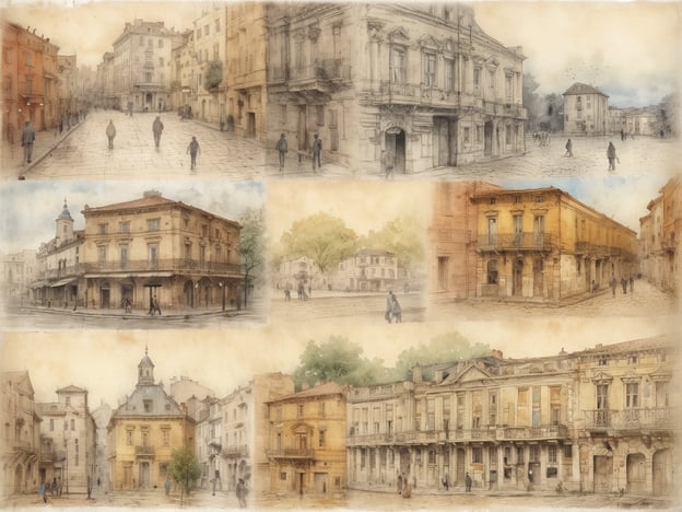 Das Bild zeigt eine malerische Darstellung einer Stadt mit mehreren Gebäuden und Straßenansichten. Die Architektur hat historische Merkmale, die an die bürgerliche Baukunst erinnern. Man sieht Menschen, die die Straßen entlanggehen, was eine lebendige Atmosphäre schafft.In der Geschichte von Leoben spielt die Stadt eine wichtige Rolle in der Entwicklung der Region. Leoben ist bekannt für seine altehrwürdigen Gebäude und sein kulturelles Erbe, das eng mit dem Bergbau und der Industrie verbunden ist. Diese Darstellung könnte an die vielfältige Geschichte und die Architektur erinnern, die in Leoben zu finden sind. Die sanften Farben und die Aquarelltechnik verleihen der Szene eine nostalgische und zeitlose Qualität.