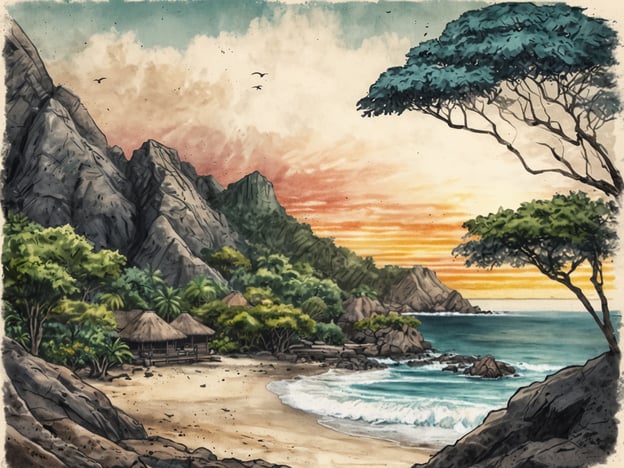 Eine idyllische Küstenlandschaft mit sanften Wellen, die an einen feinen Sandstrand schlagen. Im Hintergrund erheben sich majestätische, bewaldete Berge, während der Himmel in sanften Farbtönen von orange und blau erstrahlt. Vereinzelt fliegen Vögel über die Szenerie. Am Strand stehen traditionelle, mit Stroh gedeckte Hütten, umgeben von üppiger Vegetation, die die tropische Atmosphäre unterstreicht. Diese malerische Kulisse ist typisch für die schönsten Orte für einen Urlaub in Indonesien.