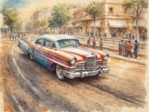 Auf dem Bild ist eine stimmungsvolle Straßenszene zu sehen, die in einem malerischen Stil dargestellt ist. Im Vordergrund fährt ein klassisches, buntes Auto, das eine nostalgische Atmosphäre ausstrahlt.Die Straße ist gesäumt von Bäumen, und es gibt viele Menschen, die in Gruppen oder alleine spazieren gehen. Einige könnten in einem lebhaften Gespräch vertieft sein, während andere vielleicht einfach die Umgebung genießen.Es scheint ein geschäftiger Tag in der Stadt zu sein, und man könnte sich gut vorstellen, dass man in ein nahegelegenes Café einkehren oder an einem Straßenmarkt stöbern könnte. Die gesamte Szenerie lädt dazu ein, das Leben in dieser lebhaften Umgebung zu erleben und die kleine Details dieser urbanen Welt zu entdecken.