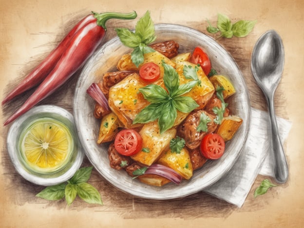 Auf dem Bild ist ein farbenfrohes Gericht zu sehen, das aus einer Mischung von gebratenen oder gegrillten Zutaten besteht. Die Hauptbestandteile scheinen Kartoffeln und aromatisiertes Gemüse zu sein, garniert mit frischem Basilikum und Kirschtomaten.Neben dem Gericht befinden sich rote Chilischoten, die zur Schärfe beitragen können, sowie eine Schale mit frisch gepresstem Zitronensaft und einer Zitronenscheibe, die zusätzliche Frische und Säure ins Spiel bringt. Diese Kombination aus Zutaten verspricht eine köstliche Balance von Aromen – herzhaft, frisch und leicht scharf.