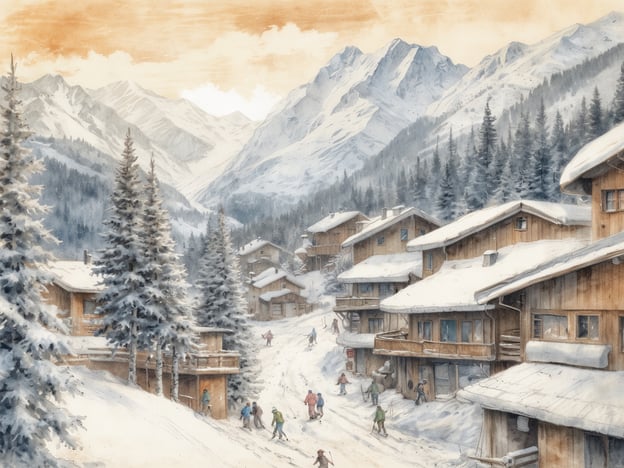 Auf dem Bild ist eine winterliche Landschaft zu sehen, die an Lech am Arlberg erinnert. Die idyllische Szenerie zeigt holzverkleidete Chalets, umgeben von schneebedeckten Bäumen und beeindruckenden Bergen im Hintergrund. Die Menschen in der Szene scheinen entweder zum Skifahren aufzubrechen oder nach einem Tag im Schnee zurückzukehren.Lech am Arlberg ist bekannt für seine malerische Schönheit und gehört zu den renommiertesten Skiorten Europas. Die Region hat eine reiche Geschichte, die bis ins Mittelalter zurückreicht. Früher war sie ein wichtiger Handelsweg über die Alpen und entwickelte sich im Laufe der Zeit zu einem beliebten Ziel für Reisende und Skisportler. Die Verbindung von Natur, Tradition und alpiner Kultur macht Lech am Arlberg zu einem ganz besonderen Ort.