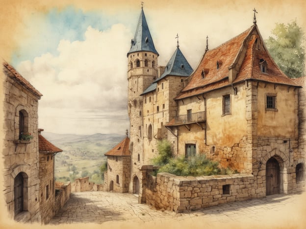 Auf dem Bild ist eine malerische mittelalterliche Szenerie zu sehen, die an die Stadt Feldkirch in Vorarlberg, Österreich, erinnert. Es zeigt steinerne Gebäude mit roten Dächern und einen charakteristischen Turm, der typisch für die Architektur der Region in der Vergangenheit ist. Feldkirch hat eine reiche Geschichte, die bis ins 13. Jahrhundert zurückreicht und von ihren strategisch wichtigen Befestigungsanlagen und der alten Stadtmauer geprägt ist. Die sanften Hügel der Umgebung tragen zur romantischen Atmosphäre bei. Solche Ansichten könnten auch auf das Leben und die Kultur im Mittelalter hinweisen, als die Stadt ein wichtiges Handelszentrum war.