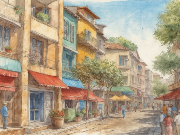Auf dem Bild ist eine lebhafte Straßenszene in einer Stadt zu sehen, die durch bunte Gebäude und zahlreiche Passanten charakterisiert ist. Solche urbanen Umgebungen sind oft Dreh- und Angelpunkte für wirtschaftliche Entwicklung.Die verschiedenen Geschäfte und Restaurants in den farbenfrohen Fassaden können als Anzeichen für lokales Gewerbe und Unternehmertum interpretiert werden, was zur Schaffung von Arbeitsplätzen und zur Stärkung der Wirtschaft beiträgt. Die Präsenz von Menschen, die die Straße nutzen, deutet auf eine rege Aktivität hin, die ebenfalls für den wirtschaftlichen Austausch wichtig ist.Der Einsatz von öffentlichen Räumen, wie den markierten Bereichen mit Sonnenschirmen, fördert das soziale Leben und kann Besucher anziehen, was wiederum die lokale Wirtschaft antreibt. Die Beobachtung solcher Szenen kann wertvolle Erkenntnisse über die Dynamiken der städtischen wirtschaftlichen Entwicklung liefern.