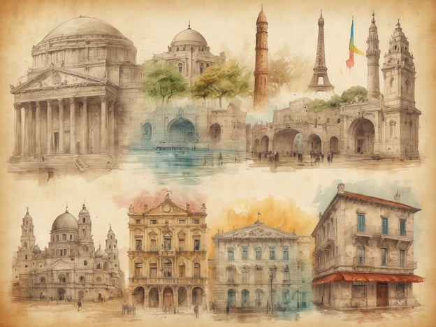 Auf dem Bild sind verschiedene architektonische Highlights aus verschiedenen Kulturen zu sehen. Oben links erkennt man eine klassische Tempelstruktur, die an das Pantheon in Rom erinnert. In der Mitte oben könnte eine Brücke mit Wasserspiegelungen dargestellt sein. Der Eiffelturm in Paris ist ebenfalls abgebildet, ein ikonisches Symbol Frankreichs.Darunter sind weitere beeindruckende Bauwerke zu sehen, darunter eine große Kathedrale, die an barocke Bauweise erinnert, sowie eine elegante Fassade mit Säulen, die typisch für Renaissance-Architektur ist. Die Vielzahl der dargestellten Gebäude spiegelt die Vielfalt europäischer Architektur und deren kulturelle Bedeutung wider. In der unteren Reihe scheinen einige traditionelle Häuser zu zeigen, die eine romantische Vorstellung von europäischen Städten vermitteln.
