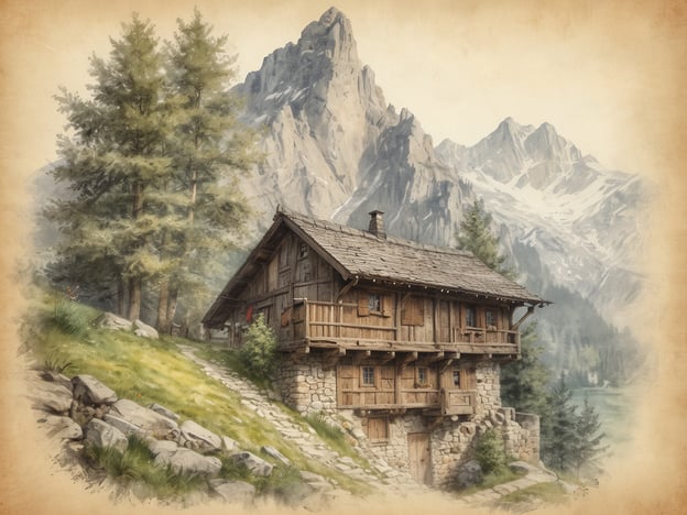 Auf dem Bild ist eine malerische, traditionelle Berghütte zu sehen, umgeben von einer wunderschönen Alpenlandschaft mit majestätischen Bergen im Hintergrund. Diese Szenerie erinnert an die Geschichte von Bludenz, einer Stadt in Vorarlberg, Österreich, die inmitten einer beeindruckenden Gebirgskulisse liegt.Bludenz ist bekannt für ihre malerischen Landschaften und historischen Gebäude. Die Hütte, ähnlich den typischen Alpenhäusern, könnte ein Beispiel für die regionale Architektur sein, die eng mit der Natur verbunden ist. Der Pfad, der zur Hütte führt, könnte die Wanderwege symbolisieren, die das alpine Erbe und die Traditionen des Gebiets widerspiegeln. Solche Bilder erzählen oft von der engen Beziehung der Menschen zur Natur und der Geschichte des Lebens in den Bergen.