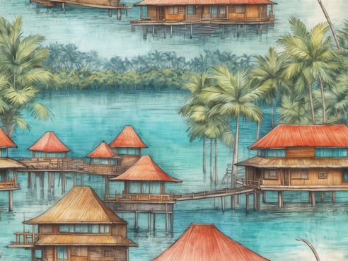 Eine malerische Darstellung von Holzbungalows mit roten Dächern, die auf Stelzen im Wasser stehen. Umgeben von üppigem Grün und Palmen, spiegelt sich das klare, türkisfarbene Wasser sanft in den Gebäuden wider. Die Bungalows sind durch Holzstege verbunden, die eine idyllische Atmosphäre für einen Urlaub auf den Malediven schaffen. Das Bild vermittelt ein tropisches Paradies und lädt zum Entspannen ein.
