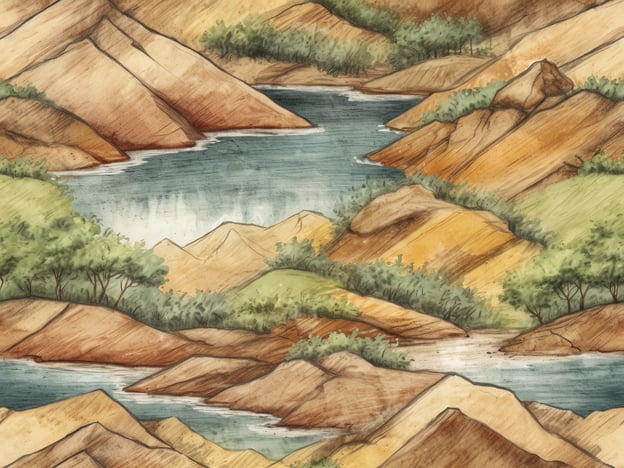 Auf dem Bild ist eine malerische Landschaft zu sehen, die von sanften Hügeln und einem ruhigen Gewässer geprägt ist. Die Farben und Formen vermitteln ein Gefühl von natürlicher Schönheit und friedlicher Atmosphäre. Es gibt üppiges Grün in Form von Bäumen, die die Ufer des Wassers säumen, und die unterschiedlichen Erd- und Steinfarben der Hügel verleihen der Szene Tiefe.Für Naturliebhaber bieten sich hier vielfältige Wandermöglichkeiten für jeden Geschmack – von entspannten Spaziergängen am Wasser bis hin zu herausfordernden Wanderungen über die Hügel.