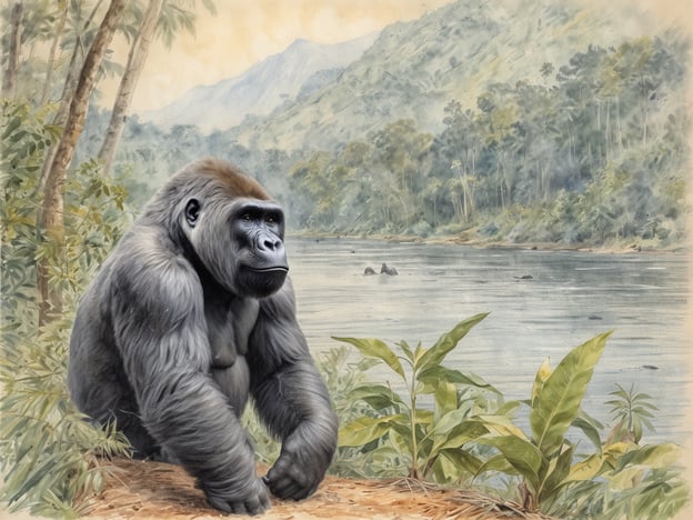 Ein mächtiger Gorilla steht am Ufer eines ruhigen Flusses, umgeben von üppigem Grün und hohen Bäumen. Im Hintergrund erstrecken sich sanfte Hügel, die mit dichter Vegetation bedeckt sind. Die friedliche Landschaft strahlt eine natürliche Schönheit aus, die typisch für die majestätischen Wälder Ugandas ist. Diese Szene erinnert an die beeindruckende Tierwelt und die einzigartigen Möglichkeiten zur Tierbeobachtung...