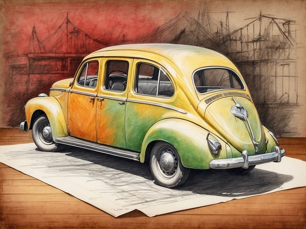 Auf dem Bild ist ein farbenfrohes, klassisches Auto zu sehen, das künstlerisch dargestellt ist. Es hat eine markante Form und einen retro Stil, typisch für Fahrzeuge der Mitte des 20. Jahrhunderts.
### Praktische Informationen und Tipps:
1. **Fahrzeugpflege:** Wenn du ein ähnliches Auto besitzt, achte auf regelmäßige Wartung, um die Lebensdauer zu verlängern. Dazu gehören Ölwechsel, Reifendruckkontrolle und Bremsinspektionen.
2. **Restauration:** Für Oldtimer-Liebhaber: Informiere dich über Restaurationswerkstätten, die Erfahrung mit deinem Fahrzeugtyp haben. Originalteile verwenden kann den Wert erhöhen.
3. **Versicherung:** Überprüfe spezielle Oldtimerversicherungen, die auf die Bedürfnisse von Sammlern zugeschnitten sind. Diese können oft günstiger sein.
4. **Treffen und Veranstaltungen:** Besuche Auto-Events oder Oldtimer-Treffen, um Gleichgesinnte zu treffen und Erfahrungen auszutauschen.
5. **Fahrzeughistorie:** Wenn du ein solches Auto kaufen möchtest, prüfe die Fahrzeughistorie. Ein gut dokumentierter Wartungsverlauf kann hilfreich sein.
Diese Tipps können dir helfen, den Wert und den Genuss eines klassischen Fahrzeugs zu maximieren!