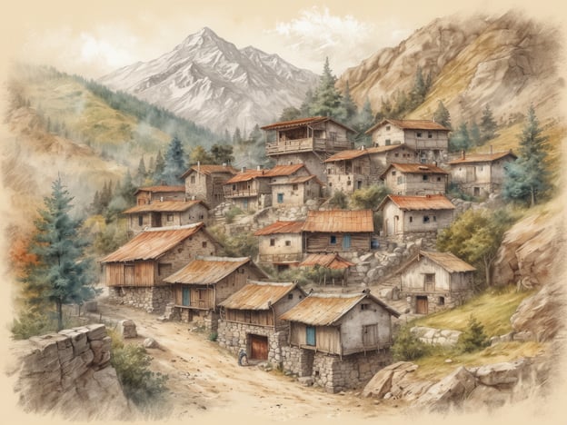 Auf dem Bild ist eine malerische alpine Dorfszene zu sehen. Es zeigt eine Ansammlung von traditionellen, rustikalen Holzhäusern und -hütten, die sich an einen Hang schmiegen, umgeben von majestätischen Bergen und dichten Wäldern. Die Dächer der Häuser sind schräg und aus Blech oder Holz, was typisch für solche Regionen ist. Der Weg, der durch das Dorf führt, wirkt einladend und vermittelt ein Gefühl von Ruhe und Abgeschiedenheit, fast so, als ob es aus einer anderen Zeit stammt, ähnlich der Geschichte von Schruns, wo Tradition und Naturschönheit in Harmonie existieren. Die Kulisse erinnert an die tief verwurzelte Kultur und das Handwerk, das die Gegend geprägt hat.