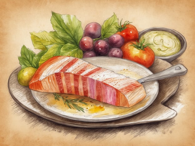 Auf dem Bild ist ein köstlich angelegtes Gericht zu sehen, das ein Stück gegrillten Fisch, wahrscheinlich Lachs, zeigt. Dazu sind frische Kräuter und eine Auswahl an Gemüse wie Tomaten und Trauben angerichtet, die zusammen ein harmonisches Gesamtbild abgeben. Das Gericht wird durch eine cremige Sauce ergänzt, die neben dem Hauptprodukt auf dem Teller steht.In Schruns kann man solche kulinarischen Genüsse genießen, die die frischen Aromen der Region wunderbar zur Geltung bringen. Lokale Restaurants bieten oft saisonale Speisen, die mit hochwertigen Zutaten zubereitet werden, und laden dazu ein, die Vielfalt der österreichischen und alpinen Küche zu erleben.