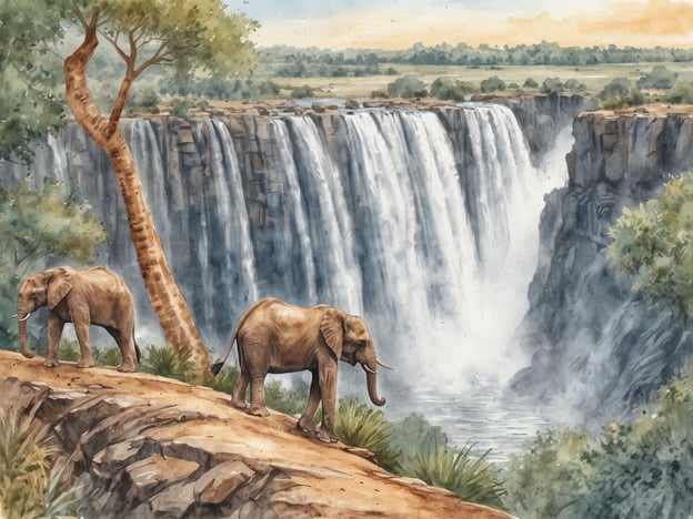 Zwei Elefanten wandern entlang eines schmalen Pfades, der zu einem majestätischen Wasserfall führt. Der Wasserfall stürzt beeindruckend von einer hohen Klippe in ein ruhiges Becken, das von üppiger Vegetation umgeben ist. Im Hintergrund erstreckt sich eine weite Landschaft mit sanften Hügeln und einem klaren Himmel. Diese malerische Szenerie zeigt die unberührte Natur Sambias und verdeutlicht die atemberaubende Schönheit des Landes, die einen einladet, diese faszinierende Destination einmal im Leben zu besuchen.