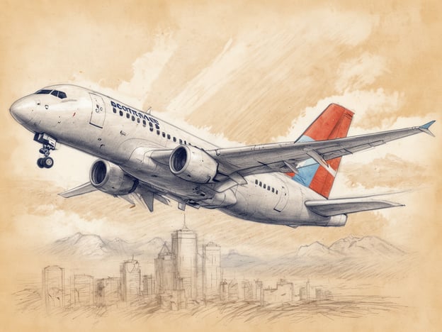 Ein Flugzeug hebt gerade ab und fliegt über eine Stadtlandschaft mit modernen Gebäuden im Vordergrund. Im Hintergrund sind sanfte Hügel oder Berge zu sehen. Der Himmel hat eine pastellige Färbung, die eine künstlerische und nostalgische Atmosphäre vermittelt.