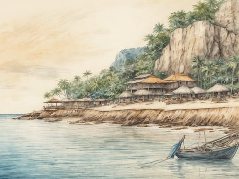 Ein malerischer Küstenabschnitt mit sanften Wellen, umgeben von üppigen Palmen und klippenartigen Felsen. Am Strand stehen einige traditionelle, strohgedeckte Hütten sowie eine größere Holzstruktur, möglicherweise ein Restaurant oder ein Gästehaus. In der Nähe des Wassers liegt ein kleines, einfaches Fischerboot, das sanft auf den Wellen schaukelt. Der Himmel ist in sanften Pastelltönen gehalten, was einen ruhigen und einladenden Eindruck vermittelt. Ideal für Reisende, die die natürliche Schönheit Angolas erkunden möchten.