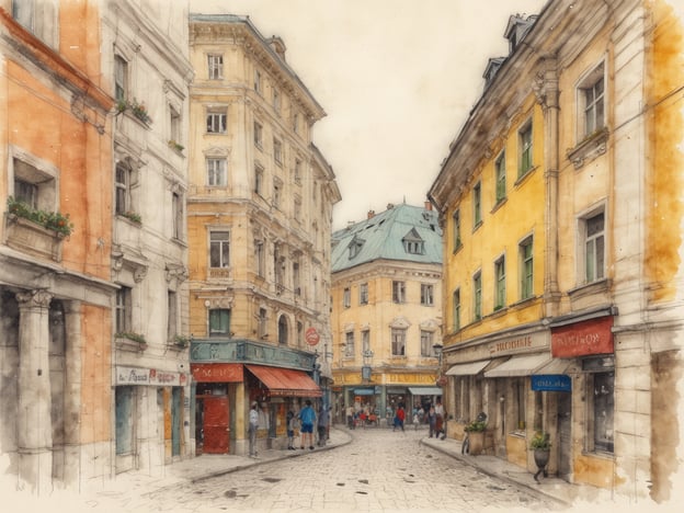 Auf dem Bild ist eine malerische Straßenszene zu sehen, die an einem historischen Ort spielt, vielleicht in einem europäischen Stadtteil mit charmanten, bunten Gebäuden. Die Straßen sind gepflastert, und es gibt kleine Geschäfte und Cafés, die einladend wirken. Menschen schlendern durch die Straße, was eine lebendige Atmosphäre schafft.Stellen wir uns vor, es ist eine Geschichte von Margareten. Margareten könnte eine fiktive Protagonistin sein, die in dieser charmanten Stadt lebt. Sie bewegt sich durch die Gassen, bewundert die kunstvoll gestalteten Fassaden der Häuser und hält an einem der kleinen Cafés, um sich einen leckeren Kaffee zu gönnen. Während sie sitzt und die vorbeigehenden Menschen beobachtet, denkt sie über die Geschichten nach, die diese Straßen erzählen könnten – Geschichten von Begegnungen, Geheimnissen und der reichen Geschichte ihres Heimatortes. Die Farben und Details der Architektur lösen in ihr Erinnerungen an ihre Kindheit und die herzlichen Nachbarn aus, die das Viertel so lebendig machen.