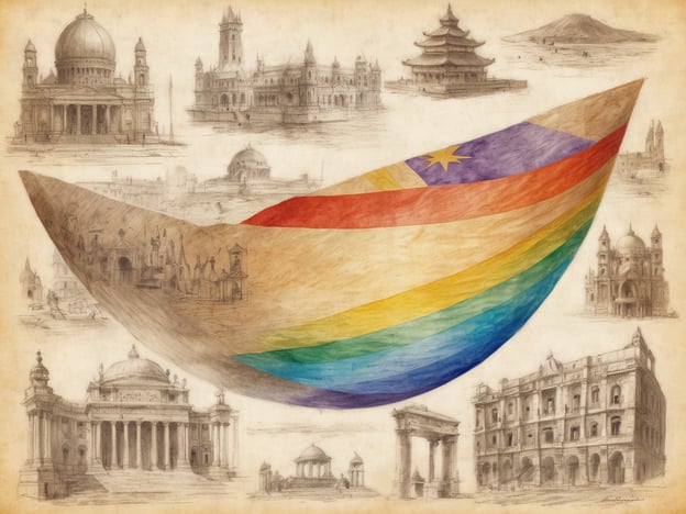 Auf dem Bild ist eine bunte, stilisierte Bootsskizze zu sehen, die mit Regenbogenfarben gestaltet ist. Diese Farben symbolisieren kulturelle Vielfalt und Inklusion. Um das Boot herum sind verschiedene architektonische Sehenswürdigkeiten angedeutet, die globale Reiseziele und eine Vielzahl von kulturellen Hintergründen repräsentieren.Die Gebäude scheinen verschiedene Baustile aus verschiedenen Kulturen und Epochen zu zeigen, was die Bedeutung des kulturellen Austauschs und der internationalen Verbindung hervorhebt. Das Bild vermittelt eine Botschaft von Harmonie und Respekt für unterschiedliche Kulturen. Es ermutigt dazu, die Vielfalt unserer Welt zu feiern und zu erkunden.