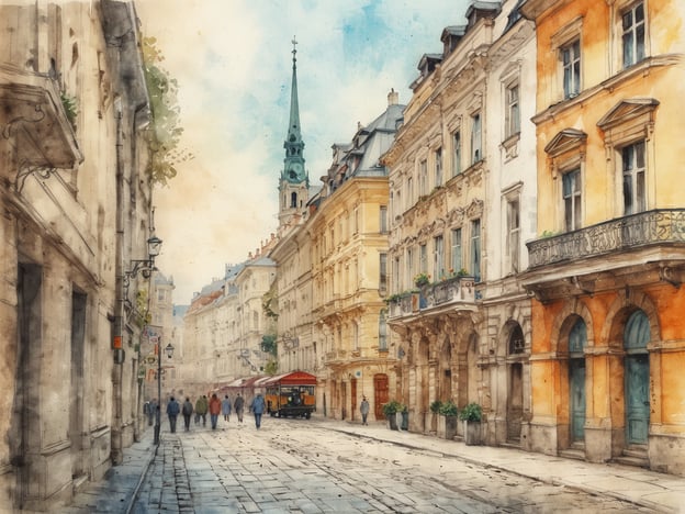 Auf dem Bild ist eine malerische Straße zu sehen, die von historischen Gebäuden gesäumt ist. Diese Szenerie erinnert an die Josefstadt, ein beliebter Bezirk in Wien, der für seine schönen Altbauten und engen Gassen bekannt ist. Die Architektur weist oft barocke und neoklassizistische Elemente auf, was für die Geschichte der Josefstadt charakteristisch ist.Die ruhige Atmosphäre, die durch die Menschen, die gemächlich die Straße entlanggehen, und die sanften Farben des Bildes vermittelt wird, spiegelt das charmante und beschauliche Ambiente der Josefstadt wider. Die Präsenz des Kirchturms deutet darauf hin, dass es sich möglicherweise um die Umgebung einer Kirche handelt, was ebenfalls typisch für viele Wiener Stadtteile ist, wo Religion und Gemeinschaftsleben eng verbunden sind.