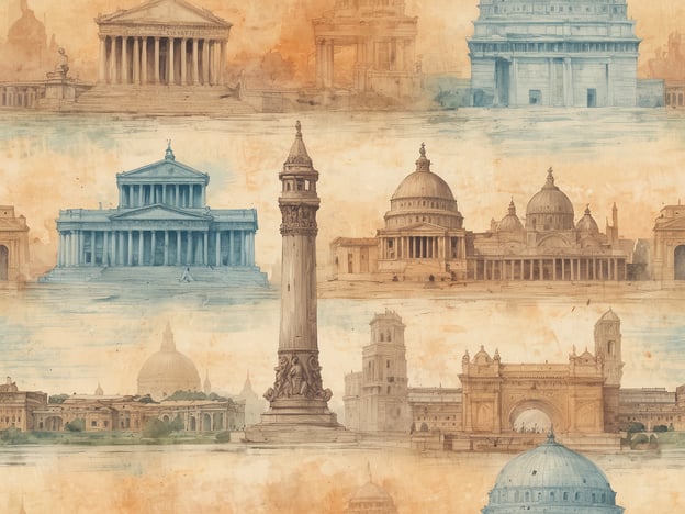 Das Bild zeigt eine Collage von architektonischen Highlights aus verschiedenen Kulturen und Epochen.Im Vordergrund erkennt man beeindruckende Bauwerke, die charakteristisch für klassische Architektur sind, darunter typische Tempel mit Säulen und eindrucksvolle Kuppelgebäude.Besonders hervorstechend sind monumental gestaltete Plätze mit Monumenten und Säulen. Die verschiedenen Farben und Schattierungen verleihen dem Bild eine nostalgische und kunstvolle Note, die die historische Bedeutung dieser architektonischen Meisterwerke unterstreicht.Insgesamt vermittelt das Bild einen Eindruck von der Vielfalt und Pracht architektonischer Errungenschaften weltweit.