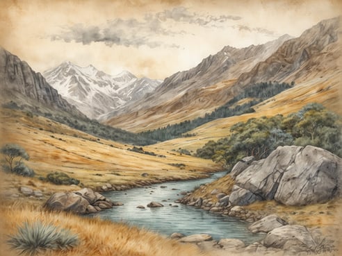 Eine atemberaubende Berglandschaft in Neuseeland, die schneebedeckte Gipfel und sanfte Hügel mit goldenem Gras zeigt. Ein klarer Fluss schlängelt sich durch die Szene und reflektiert die umgebenden Berge. Vereinzelt stehen dichte, grüne Bäume und große Steine am Flussufer. Diese ruhige natürliche Umgebung vermittelt das Gefühl von Freiheit und Abenteuer und lädt dazu ein, die unberührte Schönheit Neuseelands zu entdecken.
