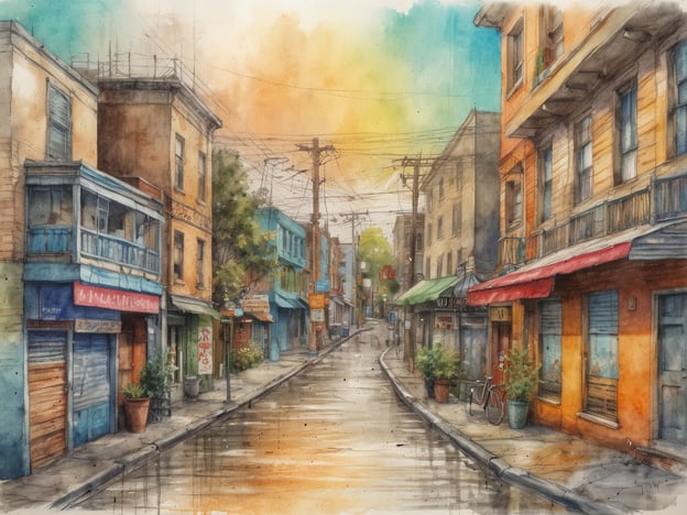 Auf dem Bild ist eine malerische Straßenansicht zu sehen, die eine ruhige, fast nostalgische Atmosphäre ausstrahlt. Die Straße ist mit Wasser beschichtet, wahrscheinlich von einem Regen, und spiegelt die bunten Gebäude und Schilder wider. Auf beiden Seiten der Straße sind kleine Geschäfte und Café-Bereiche mit verschiedenen Fassaden in warmen Farben. Einige Pflanzen in Töpfen und ein Fahrrad verleihen dem Bild zusätzlichen Charme. Der Himmel ist in sanften Farben gehalten, was dem gesamten Szenario eine friedliche Stimmung verleiht.Entdecke den 10. Bezirk, vielleicht findest du ähnliche charmante Szenen und vibrant Straßen, die zum Verweilen einladen!