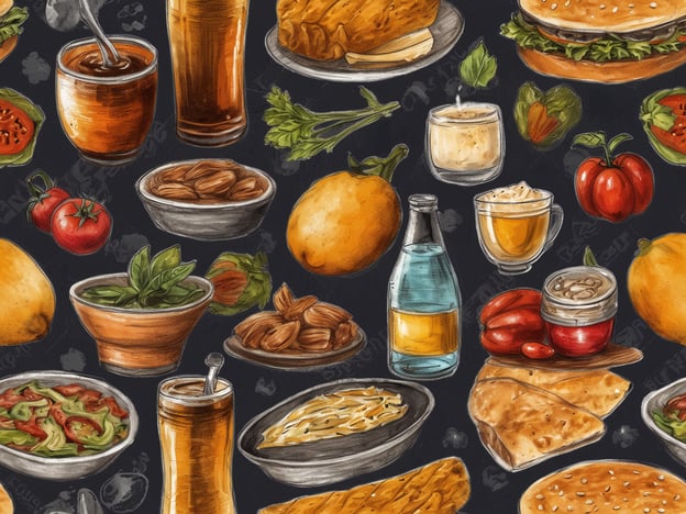 Auf dem Bild sind eine Vielzahl kulinarischer Highlights zu sehen. Es gibt:- Ein herzhaftes Burger-Gericht, das mit frischem Gemüse garniert ist.- Verschiedene Salate, die eine Mischung aus buntem Gemüse wie Paprika und Tomaten enthalten.- Verschiedene internationale Snacks, darunter eine Art Gebäck und Teiggerichte.- Nüsse in einer Schüssel, die als gesunder Snack dienen.- Eine Auswahl an Getränken, einschließlich eines Erfrischungsgetränks und alkoholischer Getränke wie Bier.- Obstspezialitäten, wie Mango und Zitrone, die farbenfrohe Akzente setzen.Insgesamt zeigt das Bild eine bunte und einladende Zusammenstellung von Lebensmitteln, die in der internationalen Küche beliebt sind.