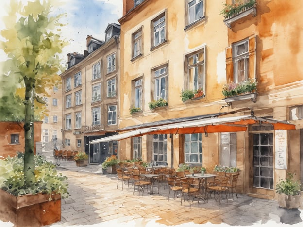 Auf dem Bild ist eine malerische Gasse mit schönen, historischen Gebäuden zu sehen. Die Wände sind in warmen Gelbtönen gehalten und viele Fenster sind mit Blumenkästen geschmückt.In der Mitte des Platzes befindet sich ein einladendes Café oder Restaurant im Freien mit rustikalen Holztischen und Stühlen, die bereits für Gäste bereitstehen. Der Sonnenschutz aus orangefarbenem Stoff hilft, den Bereich schattig und angenehm zu halten.Einige Pflanzen und Bäume verleihen dem Platz eine grüne Note und schaffen eine attraktive Atmosphäre.Für jeden Geschmack gibt es hier etwas: Ob man sich in einem gemütlichen Café entspannen oder einfach nur den Blick auf die charmante Architektur genießen möchte – dieser Ort lädt dazu ein, Zeit zu verbringen und das Ambiente zu genießen.