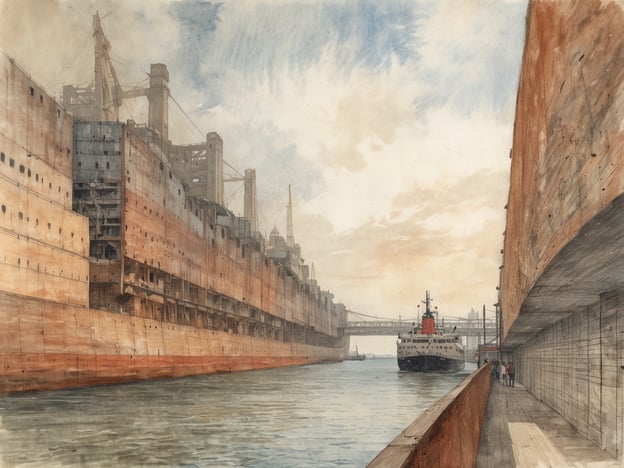 Auf dem Bild ist eine beeindruckende Hafenansicht zu sehen, in der maritime Stimmung spürbar ist. Gigantische Schiffe stehen an den Wänden der Werft, während ein weiteres Schiff ruhig im Fahrwasser gleitet. Die Architektur des Hafens und die Schiffsstruktur sind markant und vermitteln das Gefühl von geschäftiger Tätigkeit und maritimen Flair. Die sanften Farben des Himmels und die reflektierenden Wasserflächen tragen zur Atmosphäre bei, die einladend und inspirierend wirkt. Hier kann das Hafenleben in seiner vollen Pracht erlebt werden.
