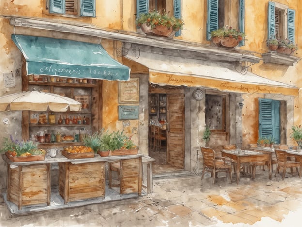 Auf dem Bild ist ein charmantes, einladendes Restaurant zu sehen, das durch seine warme Farben und liebevollen Details besticht. Die kulinarischen Highlights scheinen hier frisch zubereitete Speisen und regionale Spezialitäten zu sein, die in den Regalen präsentiert werden.
Vor dem Lokal laden die hübschen Tische und Stühle im Freien zu genussvollen Momenten im Freien ein, während die Farben und Düfte der frischen Zutaten, wie saftige Orangen und Kräuter, die Sinne betören. Die malerische Atmosphäre schafft einen perfekten Ort, um bei einer Tasse italienischen Kaffee oder einem köstlichen Gericht aus der traditionellen Küche zu verweilen und das Leben zu genießen.