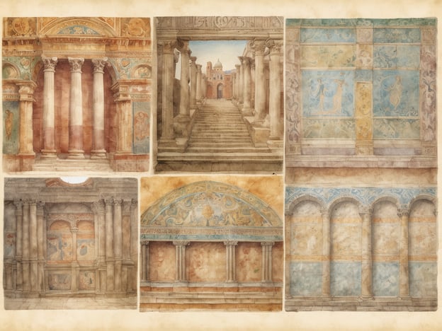 Auf dem Bild sind verschiedene künstlerische Darstellungen zu sehen, die architektonische Elemente und Wandmalereien zeigen. Die Motive erinnern an historische Stätten und kulturelle Schätze, die oft in antiken römischen oder italienischen Bauwerken zu finden sind.
Die Säulen, die in den oberen und unteren linken Ecken dargestellt sind, könnten Elemente aus einem klassischen Tempel oder einer Basilika widerspiegeln, die typisch für die römische Architektur sind. Die bunten Wände und Detailmalereien, die in den einzelnen Abschnitten zu erkennen sind, erinnern an die Fresken, die in vielen bedeutenden Kirchen und Palästen der Renaissance zu finden sind.
Die Stufen und der architektonische Durchgang in der Mitte könnten ein Hinweis auf eine monumentale Treppe sein, die zu einem wichtigen öffentlichen oder religiösen Gebäude führt, während die künstlerischen Verzierungen an den Wänden die reichhaltige Tradition der italienischen Kunst und Architektur verdeutlichen. Insgesamt vermittelt das Bild eine Vorstellung von historischer Pracht und kulturellem Erbe, das in vielen historischen Städten Europas zu finden ist.