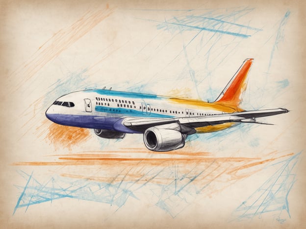 Ein farbenfrohes, handgezeichnetes Flugzeug ist auf einem beige Hintergrund abgebildet. Das Flugzeug hat eine hellblaue und orangefarbene Lackierung und ist in einer leicht schrägen Perspektive dargestellt. Um das Flugzeug herum sind dynamische, bunte Pinselstriche zu sehen, die Bewegung und Energie vermitteln. Die Komposition hat einen künstlerischen und verspielten Charakter.