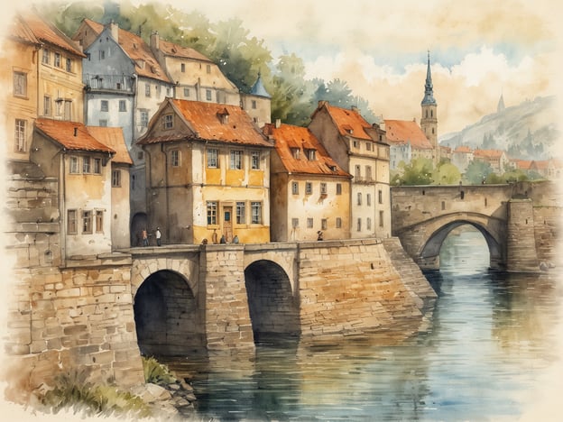 Auf dem Bild ist eine malerische Szenerie mit alten, bunten Häusern zu sehen, die sich am Ufer eines Flusses befinden. Ein Steinhafen und eine Brücke sind im Vordergrund abgebildet, während im Hintergrund sanfte Hügel und weitere Gebäude sichtbar sind. Die Atmosphäre wirkt friedlich und idyllisch, typisch für historische Stadtansichten.In Anlehnung an das Reiseziel Prag, Tschechien, könnte das Bild die charmante Architektur und die romantische Kulisse der Stadt widerspiegeln, die für ihre Brücken und historischen Gebäude bekannt ist.