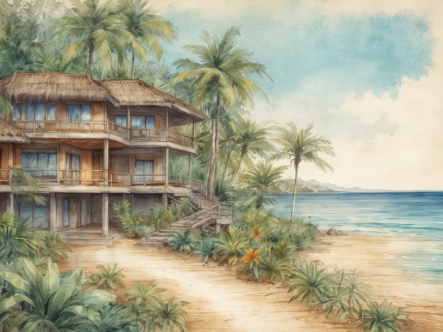Auf dem Bild ist eine malerische Szenerie zu sehen, die ein tropisches Strandhaus darstellt. Das Gebäude, umgeben von üppigem Grün und Palmen, wirkt einladend und hebt sich harmonisch von der naturnahen Umgebung ab. Im Hintergrund sieht man das ruhige Meer und einen hellen Himmel, was der Szene eine entspannende Atmosphäre verleiht.Der Aldiana CLUB NAGA BAY bietet eine solche paradiesische Umgebung, die perfekt für Entspannung und Erholung ist. Hier können Gäste die Schönheit der Natur genießen, während sie erstklassige Serviceleistungen und zahlreiche Freizeitaktivitäten erleben. Der Blick auf das Meer und die umliegende Landschaft lädt dazu ein, dem Alltagsstress zu entfliehen und neue Energie zu tanken.