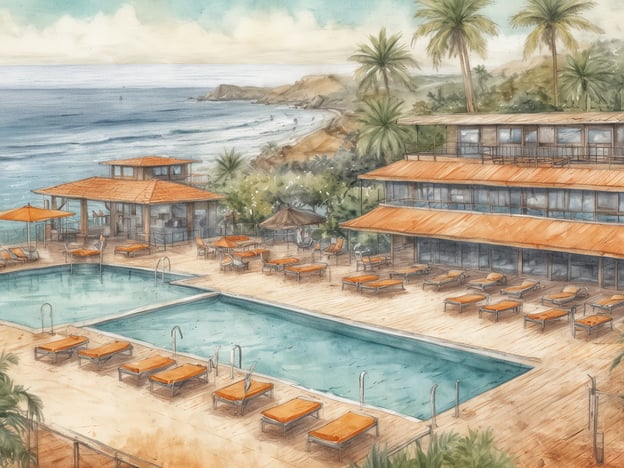 Auf dem Bild ist eine Clubanlage an der Küste zu sehen. Im Vordergrund befinden sich zwei Swimmingpools, umgeben von Liegen mit orangefarbenen Auflagen. Neben den Pools stehen Sonnenschirme und eine Holzterrasse, die einen einladenden Eindruck vermittelt.Im Hintergrund sind zwei Gebäude sichtbar: eines mit mehreren Stockwerken und ein weiteres, das wahrscheinlich eine Art Clubhaus oder Restaurant darstellt. Die Anlage ist von Palmen umgeben und bietet einen schönen Blick auf das Meer mit sanften Wellen und einer malerischen Küstenlandschaft. Die gesamte Szenerie wirkt entspannend und einladend, ideal für Urlauber oder Gäste, die Erholung suchen.