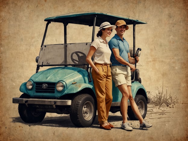 Auf dem Bild sind ein Mann und eine Frau zu sehen, die entspannt neben einem blauen Golfwagen stehen. Beide tragen sportliche Kleidung und lächeln freundlich in die Kamera. Der Hintergrund scheint eher neutral und ausgeblendet zu sein, was den Fokus auf die beiden Menschen lenkt.Wenn Sie an einem Golfurlaub interessiert sind, schauen Sie sich unsere aktuellen Angebote an! Buchen Sie jetzt und erhalten Sie bis zu 20 % Rabatt auf Ihre Unterkunft und Greenfees. Ideal für eine entspannte Zeit auf dem Golfplatz mit Freunden oder der Familie!