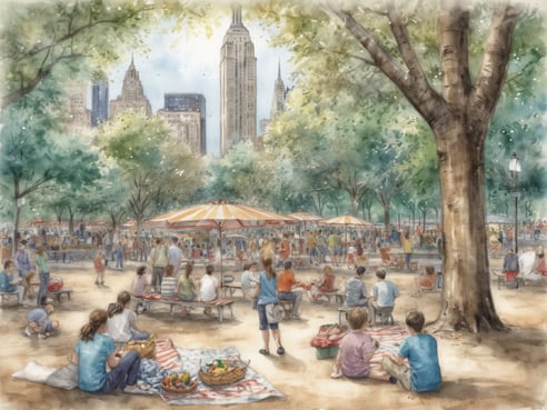 Eine belebte Parklandschaft in New York City mit einer Vielzahl von Menschen, die sich entspannen und picknicken. Im Vordergrund sitzen Familien und Kinder auf Decken und Bänken unter großen, grünen Bäumen. Einige Unterstände mit gestreiften Sonnenschirmen bieten Schatten. Im Hintergrund ist die imposante Silhouette des Empire State Buildings sichtbar, umgeben von weiteren Wolkenkratzern. Die Szene vermittelt eine lebhafte Atmosphäre, die typisch für einen schönen Tag im Freien in der Stadt ist. Ein perfekter Ort, um die lokale Kultur und das Stadtleben zu genießen.