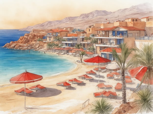 Auf dem Bild ist eine wunderschöne Küstenlandschaft zu sehen. Man erkennt einen feinen Sandstrand mit roten Sonnenschirmen und Liegen. Im Hintergrund befinden sich moderne Gebäude mit Terrassen und Palmen, die dem Ort eine entspannte Atmosphäre verleihen. Das Wasser wirkt klar und einladend, während die sanften Hügel im Hintergrund das Bild abrunden.Fazit: Dein Traumurlaub im Aldiana CLUB NAGA BAY.