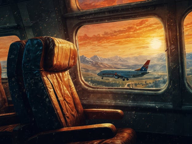 Auf dem Bild ist der Blick aus einem Flugzeugfenster zu sehen. Innen sind zwei Sitze sichtbar, während draußen ein weiteres Flugzeug vor einer malerischen Bergkulisse bei Sonnenuntergang fliegt.Der Mythos: Alkohol im Flugzeug besagt, dass viele Reisende der Meinung sind, Alkohol mache das Fliegen angenehmer oder entspannter. In höheren Höhen hat Alkohol eine stärkere Wirkung, da der Körper weniger Sauerstoff erhält. Trotz der angenehmen Atmosphäre, die oft durch den Konsum von Alkohol im Flugzeug entsteht, sollte man vorsichtig sein, um negative Auswirkungen auf die Gesundheit oder das Wohlbefinden während des Flugs zu vermeiden.