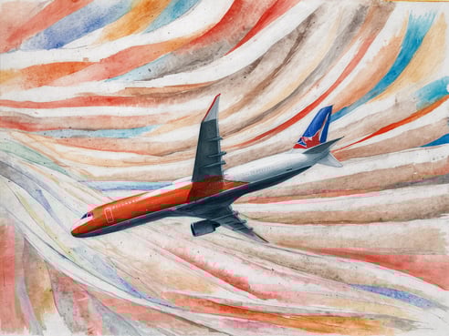 Ein Flugzeug fliegt durch eine farbenfrohe himmlischeSzenerie, die aus sanften Wellen in verschiedenen Farben wie Rot, Blau, Beige und Grün besteht. Das Flugzeug hat eine markante orangefarbene Lackierung und hebt sich deutlich vom bunten Hintergrund ab. Die dynamischen Farbverläufe und die Position des Flugzeugs erzeugen ein Gefühl von Bewegung und Freiheit, perfekt für Reisende, die nach Kanada fliegen möchten.