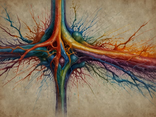 Das Bild zeigt eine künstlerische Darstellung von Nervenzellen oder Neuronen, die durch auffällige und bunte Linien und Strukturen symbolisiert werden. Wissenschaftlich betrachtet bestehen Neuronen aus einem Zellkörper, Dendriten und einem Axon. Dendriten empfangen Signale von anderen Neuronen, während das Axon das Signal weiterleitet.Die lebendigen Farben und die dynamischen Formen auf dem Bild könnten die Komplexität und die Vielfalt neuraler Verbindungen darstellen, die entscheidend für die Verarbeitung von Informationen im Nervensystem sind. Synapsen, also die Kontaktstellen zwischen Neuronen, spielen eine zentrale Rolle bei der Kommunikation zwischen diesen Zellen und können durch verschiedene Faktoren, wie z.B. Lernen und Gedächtnis, beeinflusst werden.Insgesamt vermittelt das Bild einen Eindruck der faszinierenden Struktur und Funktion des menschlichen Gehirns und seiner Neuronen, die für Verhalten, Emotionen und kognitive Prozesse verantwortlich sind.