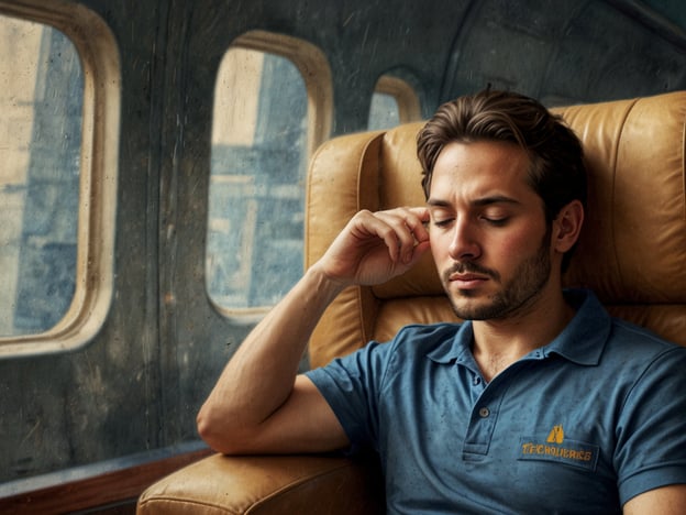 Auf dem Bild ist ein Mann zu sehen, der entspannt auf einem Sitz in einem Flugzeug sitzt. Er hat die Augen geschlossen und hält mit einer Hand seinen Kopf, was auf nachdenkliche oder entspannende Gefühle hindeutet.Psychologisch könnte dies verschiedene Bedeutungen haben: Der Mann scheint in einen Zustand der Reflexion oder Meditation eingetaucht zu sein, möglicherweise um Stress abzubauen oder Konzentration zu finden. Dies könnte auf ein Bedürfnis nach Ruhe in einer oft hektischen Umgebung, wie dem Reisen, hinweisen.Physisch zeigt seine Körperhaltung eine gewisse Entspannung. Die Position seiner Hand an der Schläfe kann auch ein Zeichen dafür sein, dass er versucht, äußere Reize auszublenden oder mit inneren Gedanken und Gefühlen umzugehen. Der bequeme Sessel deutet darauf hin, dass er sich in einer angenehmen Umgebung befindet, die zusätzlichen Komfort und Unterstützung bietet.
