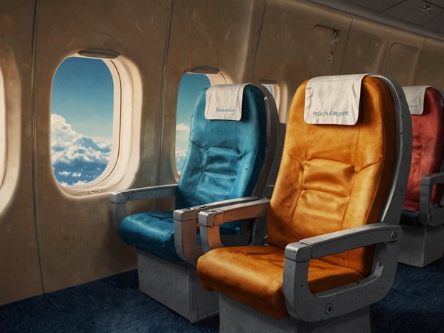 Auf dem Bild sind zwei Flugzeugsitze in verschiedenen Farben (blau und orange) zu sehen, mit Blick aus dem Fenster auf eine wolkige Himmelslandschaft. Die Gestaltung und der Kontext deuten darauf hin, dass es sich um einen Innenraum eines Flugzeugs handelt.Schlussfolgerung: Ein bewusster Umgang mit Alkohol in der Luft ist wichtig, da die Auswirkungen von Alkohol in großen Höhen verstärkt werden können. Passagiere sollten sich der Risiken bewusst sein, die Alkoholkonsum während des Flugs mit sich bringt, um eine sichere und angenehme Reise zu gewährleisten.